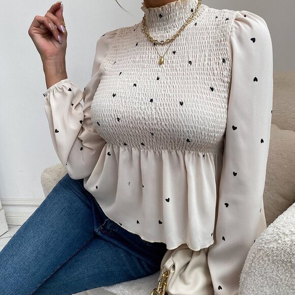 Apricot Boho Heart Print Bishop Sleeve Stand Collar Frill Trim Ruffle Hem Blouse - Picture 3 of 5